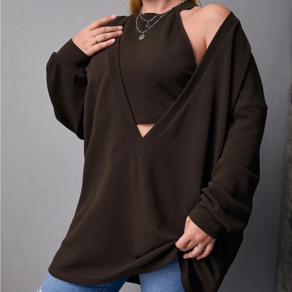 NWOT SHEIN Essnce Plus Solid Crop Top & Plunging Neck Sweatshirt Set Size 20/4XL